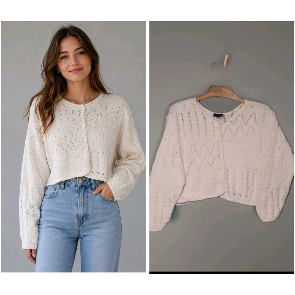 Vintage Sassoon Knit Cropped Sweater Large Cream Boxy Geometric Button Down